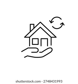 House in hand and renew arrows. Smart home system update, real estate transactions. Rent and lease renewal. Pixel perfect, editable stroke vector icon