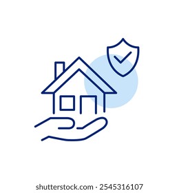 House in hand and security shield. Home protection through insurance or safety systems. Pixel perfect, editable stroke icon