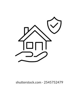 House in hand and security shield. Home protection through insurance or safety systems. Pixel perfect vector icon