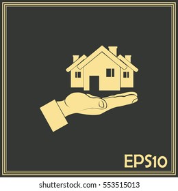House in hand vector icon.