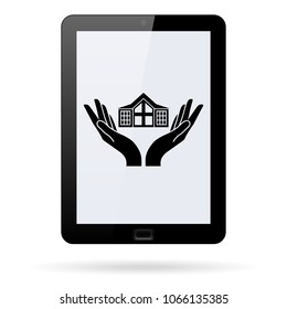 House in hand vector icon on a realistic tablet. Flat design style