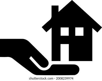 Icono de vector de casa en mano. Logo inmobiliario simple símbolo de señas aisladas. Ilustración negra sobre fondo gris.