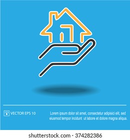 House in hand vector icon. Real estate symbol. Vector illustration EPS 10.