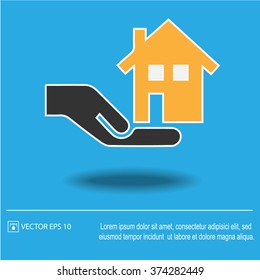 House in hand vector icon. Real estate symbol. Vector illustration EPS 10.