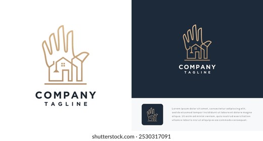 House hand vector logo design illustration. Hand logo icon with house	

