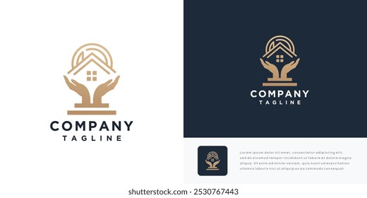 Ilustración de diseño de logotipo de Vector de mano de casa. Icono del logotipo de la mano con la casa	
