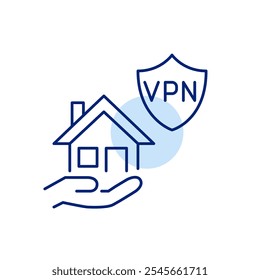 House in hand and VPN shield. Safe online browsing, data protection and privacy. Pixel perfect, editable stroke icon