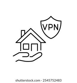 Casa na mão e escudo de VPN. Navegação segura online, proteção de dados e privacidade. Ícone de vetor perfeito de pixel