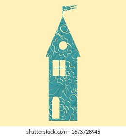 House with hand-drawn floral pattern Vector flat illustration minimalist style. high fortress with a flag at the peak in a floral pattern. EPS 10