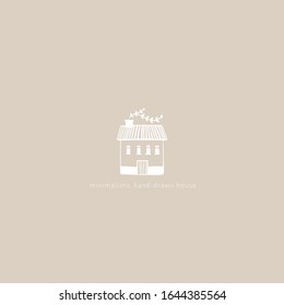 House hand-drawn icon. Vector illustration of a building in a simple cartoon Scandinavian style. White sketch drawing on a pastel beige background. Can be used for logo.