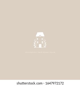 Handgezeichnetes Symbol im Haus. Vektorillustration-Illustration eines Gebäudes in einem einfachen skandinavischen Stil. Weiße Skizze auf pastellbeigem Hintergrund. Kann für Logo verwendet werden.