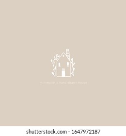 Handgezeichnetes Symbol im Haus. Vektorillustration-Illustration eines Gebäudes in einem einfachen skandinavischen Stil. Weiße Skizze auf pastellbeigem Hintergrund. Kann für Logo verwendet werden.