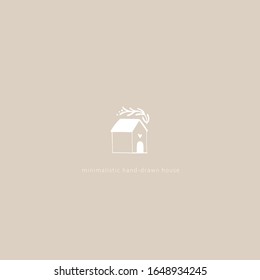 House hand-drawn icon. Vector illustration of a building in a simple cartoon Scandinavian style. White sketch drawing on a pastel beige background. Can be used for logo.
