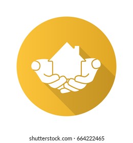 House in hands flat design long shadow glyph icon. Home loan. Mortgage. Vector silhouette illustration
