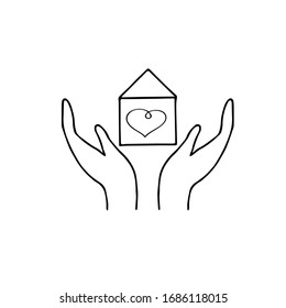 house, hands, heart and lettering stay home hand drawn in doodle scandinavian minimalism style slogan, safety, quarantine, epidemic, pandemic, virus, coronavirus, covid-19. icon, design element, card