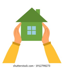 House in hands isolated on white background. House from natural materials, eco green sign. Flat design. Vector illustration