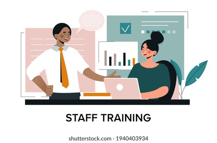 In house or hands on staff training concept with office worker being tutored by a trainer or lecturer on a laptop computer, flat cartoon colored vector illustration