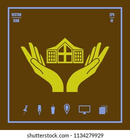House in hands vector icon. Illustration on a  Flat design style. Suitable for house protection emblem, security logo