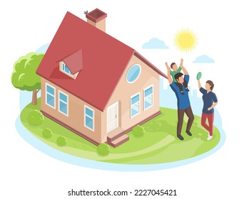 house with happy family isometric dream warm general first home  illustration isolated on white background