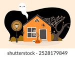 house haunted with ghosts concept. Home decorated for Halloween. Hand drawn vector illustration.