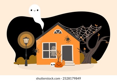 casa assombrada com o conceito de fantasmas. Casa decorada para o Halloween. Ilustração de vetor desenhada à mão.