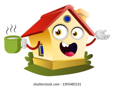 House is having a cup of tea, illustration, vector on white background.