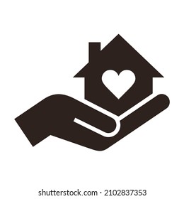 House with heart, caring hand vector sign. Home care logo isolated on white background