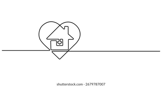 Casa com coração contínuo um desenho de linha. amor símbolo de casa. Home Sweet Home Linha contínua ícone, coração dentro da casa contínua uma linha desenhada. Amo o conceito de casa. Traçado editável