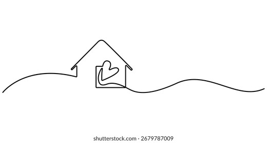Casa com coração contínuo um desenho de linha. amor símbolo de casa. Home Sweet Home Linha contínua ícone, coração dentro da casa contínua uma linha desenhada. Amo o conceito de casa. Traçado editável