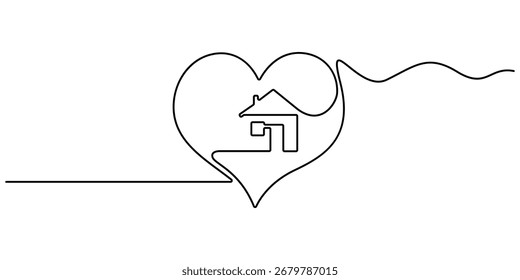 Haus mit Herz durchgehende einzeilige Zeichnung. Liebe Heimsymbol. Home Sweet Home Continuous Line Symbol, Herz im Haus durchgehend eine Linie gezeichnet. Liebe Heimkonzept. Bearbeitbarer Strich
