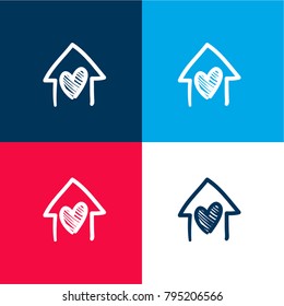 House With Heart Hand Drawn Building Four Color Material And Minimal Icon Logo Set In Red And Blue