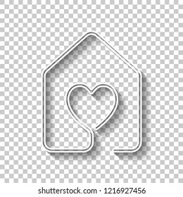 House With Heart Icon. Line Style. White Outline Sign With Shadow On Transparent Background