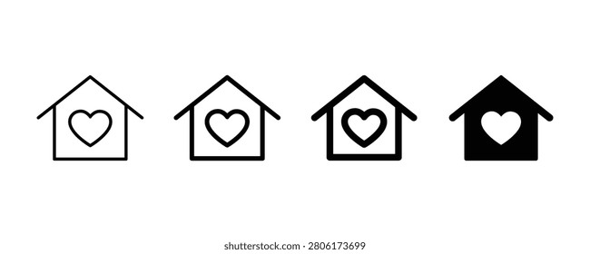 House with heart icon representing warm home shape symbol. House icon with heart vector. House icons combined with heart symbols representing home love and family care.