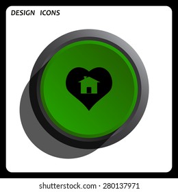 House with Heart Icon. icon. vector design Green Start button, forward, to continue. Flat design style.