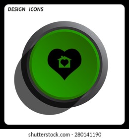 House with Heart Icon. icon. vector design Green Start button, forward, to continue. Flat design style.