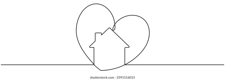 House with heart inside continuous one line drawn. Love home concept. Shelter symbol. Vector illustration isolated on white.