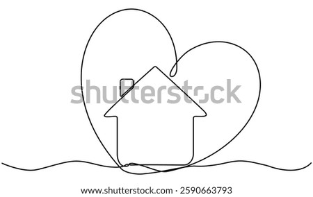 House with heart inside continuous one line drawn. Love home concept. Shelter symbol. Vector illustration isolated on white.