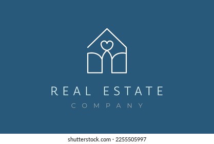House with heart logo. Elegant real estate emblem. Vector abstract line design for family safe home, housing, architecture, construction, apartment, rent