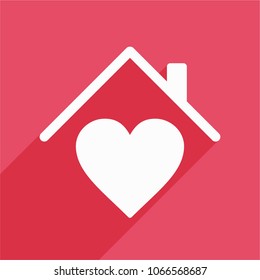 House with heart, love home symbol, icon flat style on a pink background.