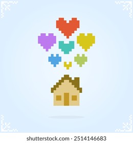 House with heart shaped balloons in 8 bit pixel art for game assets and cross stitch pattern in vector illustration.