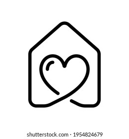 Casa con corazón, quédate en casa, familia feliz, icono simple. Icono negro sobre fondo blanco