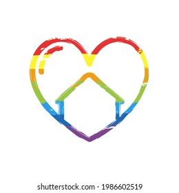 House with heart, stay home, happy family, simple icon. Drawing sign with LGBT style, seven colors of rainbow (red, orange, yellow, green, blue, indigo, violet