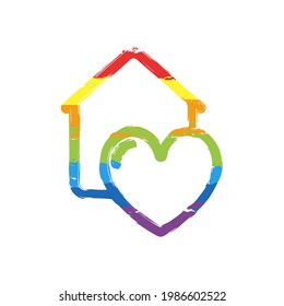 House with heart, stay home, happy family, simple icon. Drawing sign with LGBT style, seven colors of rainbow (red, orange, yellow, green, blue, indigo, violet