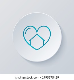 House with heart, stay home, happy family, simple icon. Cut circle with gray and blue layers. Paper style