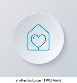 House with heart, stay home, happy family, simple icon. Cut circle with gray and blue layers. Paper style