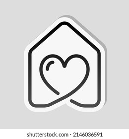 Casa con corazón, quédate en casa, familia feliz, icono simple. Etiqueta lineal, borde blanco y sombra simple sobre fondo gris