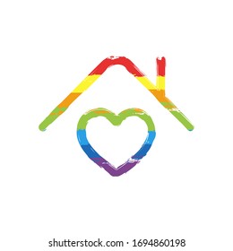 House and heart, sweet family home, outline design. Drawing sign with LGBT style, seven colors of rainbow (red, orange, yellow, green, blue, indigo, violet