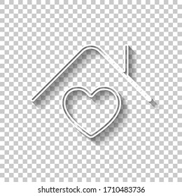 House and heart, sweet family home, outline design. White outline sign with shadow on transparent background