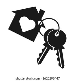 House With Heart, Two Key And Key Ring. Keychain Symbol, Icon Silhouette On White Background