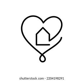 House with heart vector hand drawn monoline logo icon real estate one art line, shape within. love home symbol, illustration isolated on white background.